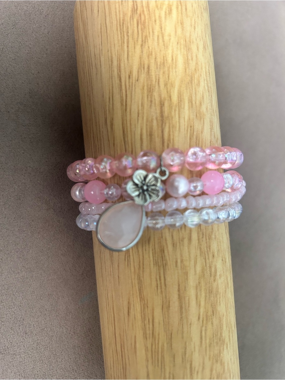 Delicate Pink Beaded Stackable Bracelet Set with Teardrop Charm